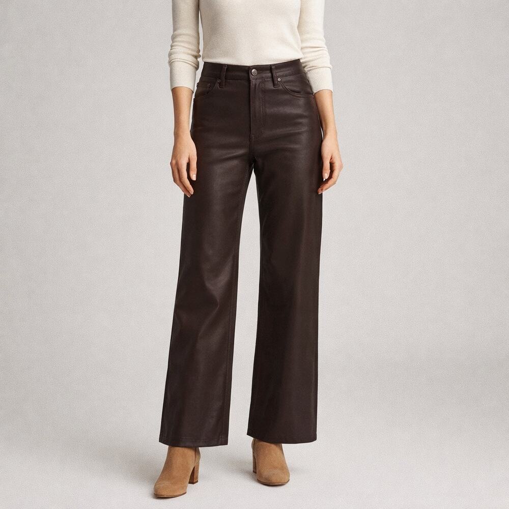 PAIGE Sasha Coated-Jeans Women's Size-30 Brown Faux Leather High Rise Wide Leg